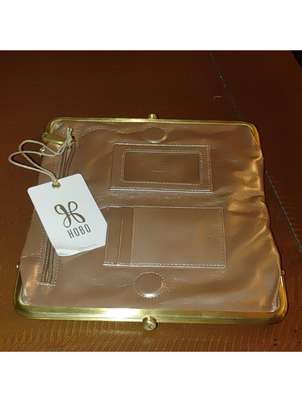 Hobo Metallic Wallet Clutch Kisslock Lauren Cameo Leather Double Frame Brass - Picture 2 of 13